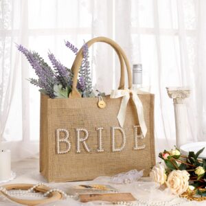 Silkfly Wedding Bride Bag Natural Jute Bride Tote Bag with Ribbon Bride Gift Bag with Handle for Bridal Shower (Gold Edges,Bride)