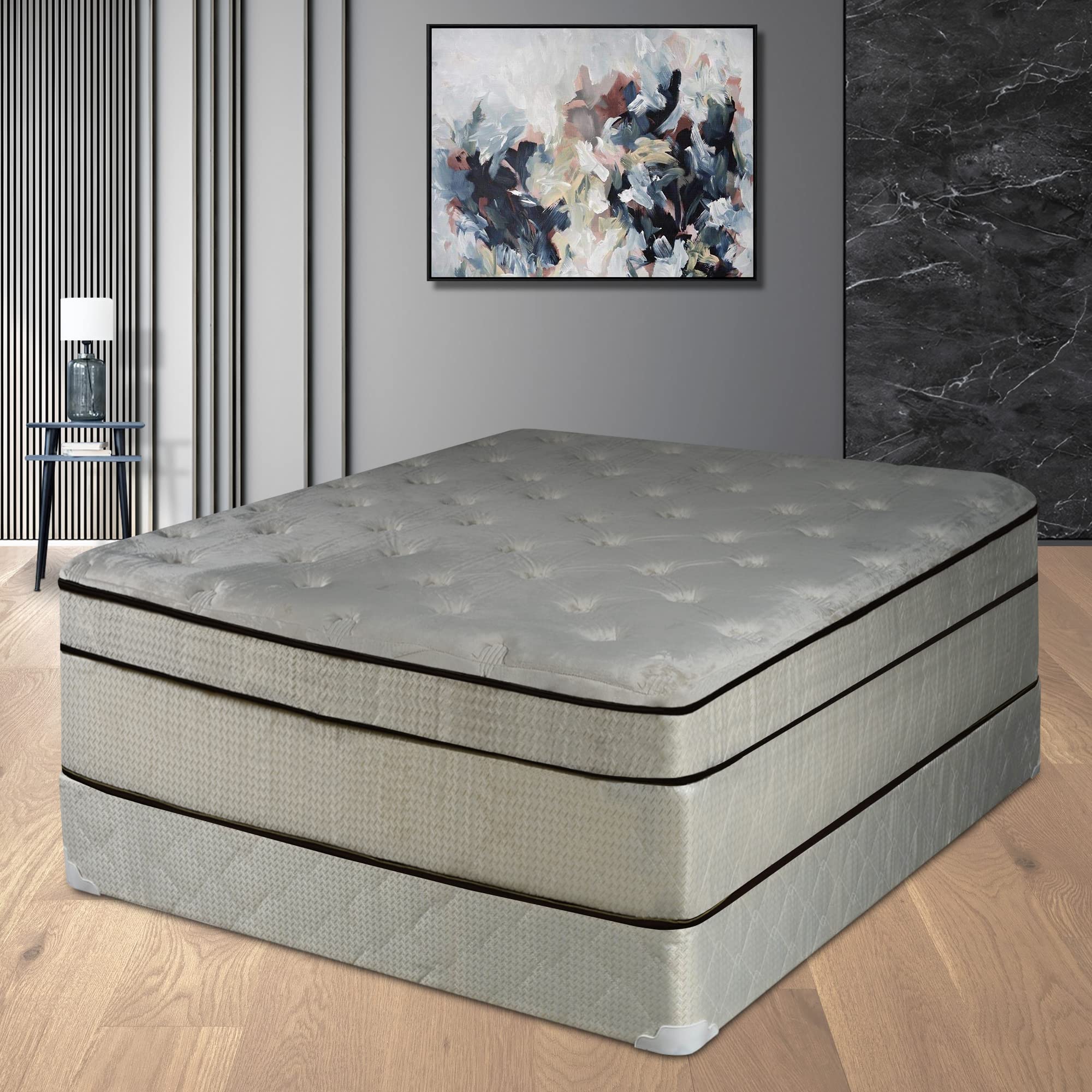 Greaton 11 Inch Hybrid Firm Foam Encased Mattress with 8" Box Spring, Eurotop with Soft White Teddy Bear Fabric Cover for Cool Sleep and Pressure Relief, Firm Feel with Motion Isolation, Full XL