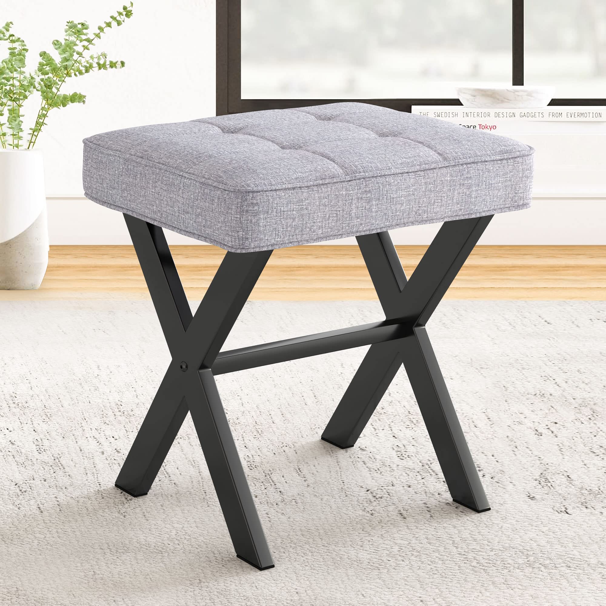 LUE BONA Vanity Stool, Square Linen Makeup Stool with Metal X Legs, Small Ottoman Stool Chair for Vanity, Modern Padded Vanity Seat Foot Rest Stool for Makeup Room, Living Room, Bathroom, Dark Gray