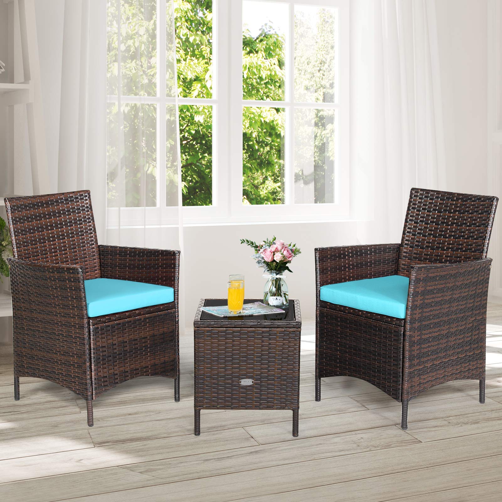 Toolsempire 3 Pieces Patio Furniture Set, Wicker Outdoor Furniture with Water-Resistant Cushion & Tempered Glass Top Table, Conversation Set Bistro Set for Porch, Balcony, Backyard (Turquoise)