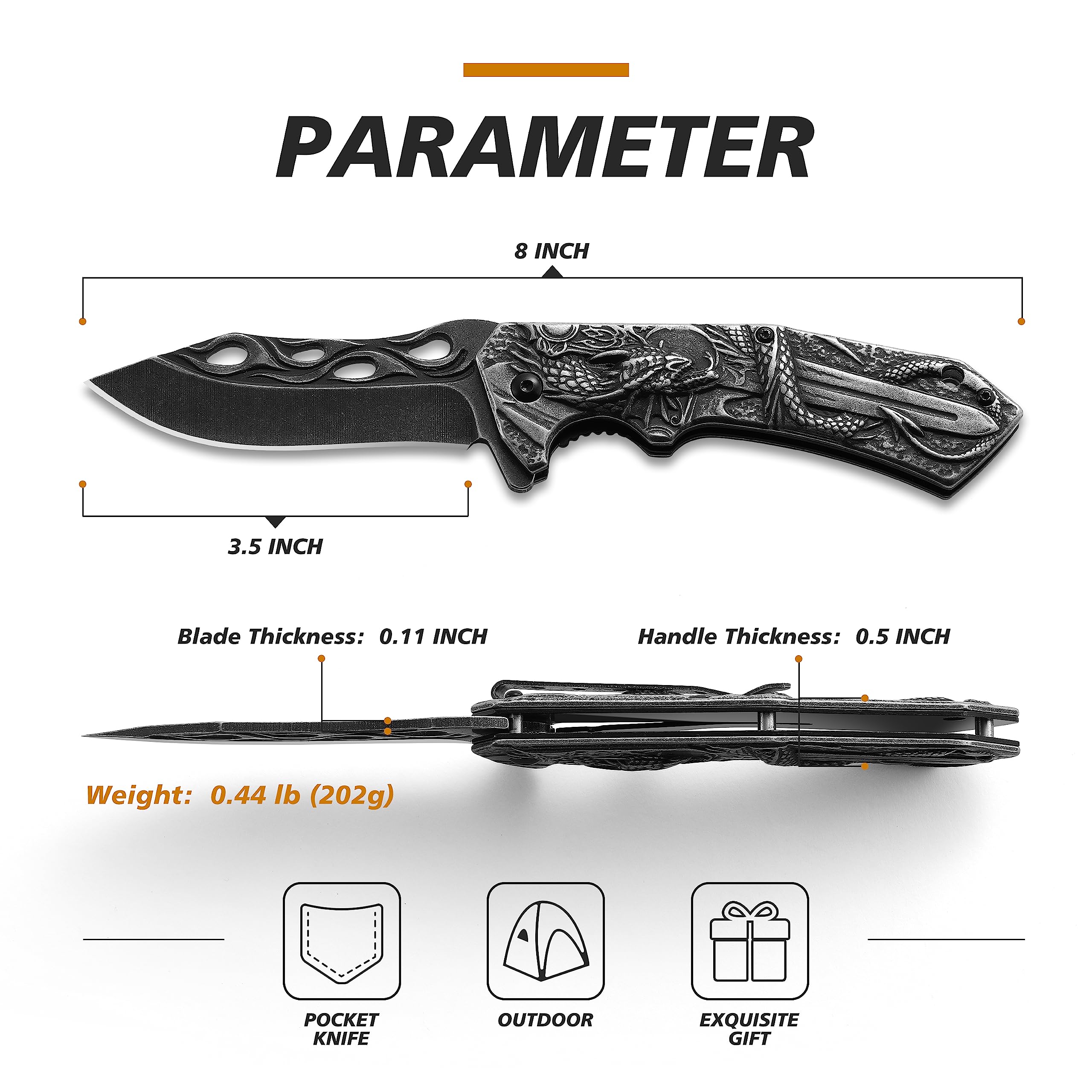 ohmonlyhoo Pocket Knife,3.5 inch Folding Knife with Dragon Pattern Handle,EDC Knife with Pocket Clip for Men and Women