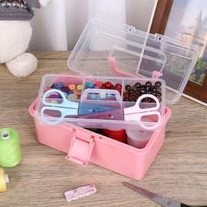 BTSKY Small Plastic Storage Box with Lid 7.9"x3.7"x4.1" Art Supply Storage Organizer with Handled Removable Tray Multi-use Small Storage Container Portable Sewing Box for Art & Sewing Supplies, Pink