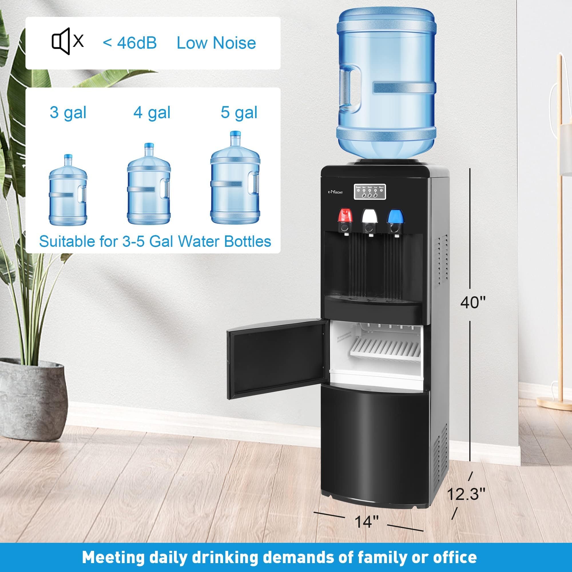 Clarfey Water Dispenser with Ice Maker, 3 in 1 Water Dispense with Built-in Ice Maker, Water Cooler Dispenser for 3-5 Gallon Bottle with a Scoop, Ice-Making Chamber, Child Safety Lock, Black