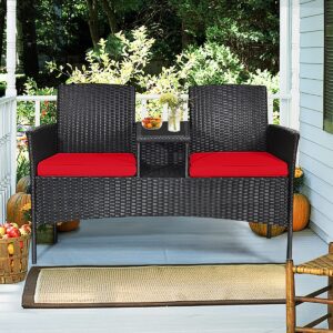 Toolsempire Outdoor Love Seat Wicker Patio Conversation Set, Rattan Outdoor Furniture Set with Cushion & Built-in Coffee Table, Patio Couch Outdoor Bench for Garden, Lawn, Backyard(Red)