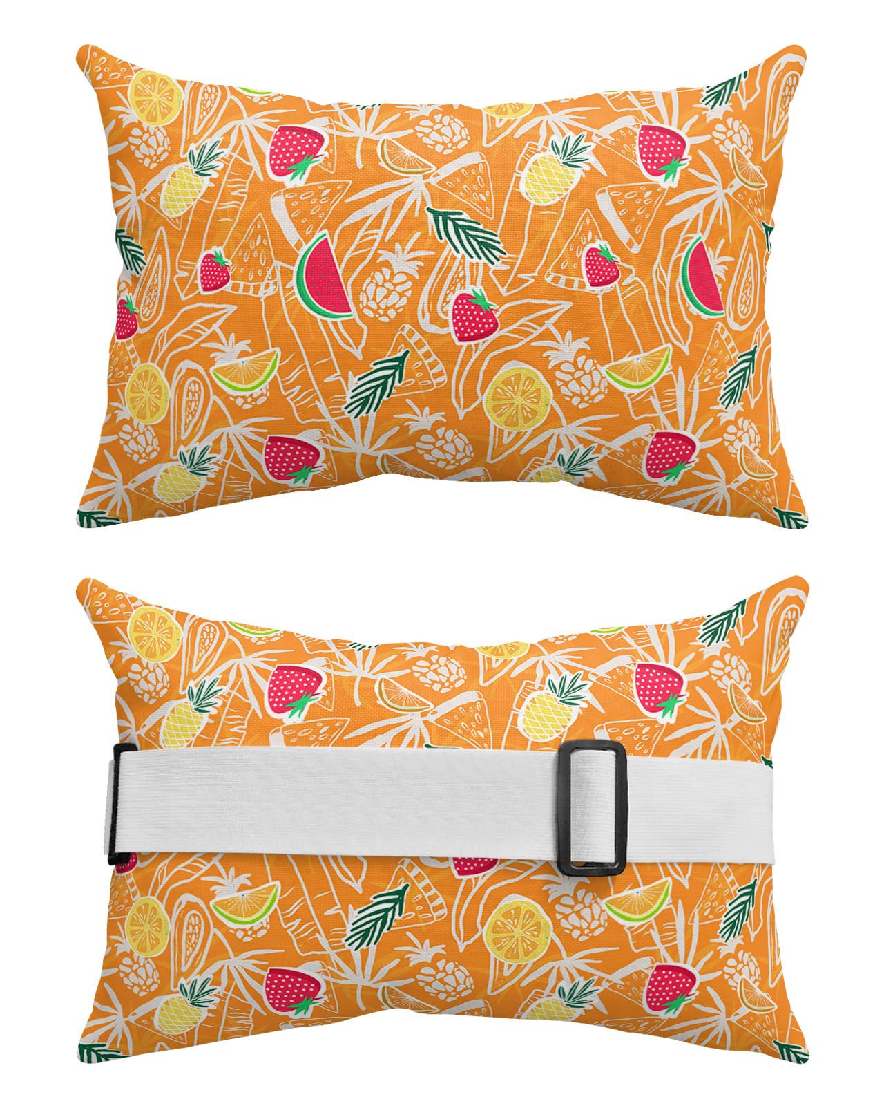 Outdoor Lumbar Pillow Set of 2, Summer Fruits Waterproof Beach Headrest Pillow with Inserts, Orange Tropical Botanical Recliner Throw Pillow Cushion for Patio Furniture, 11" x 16"