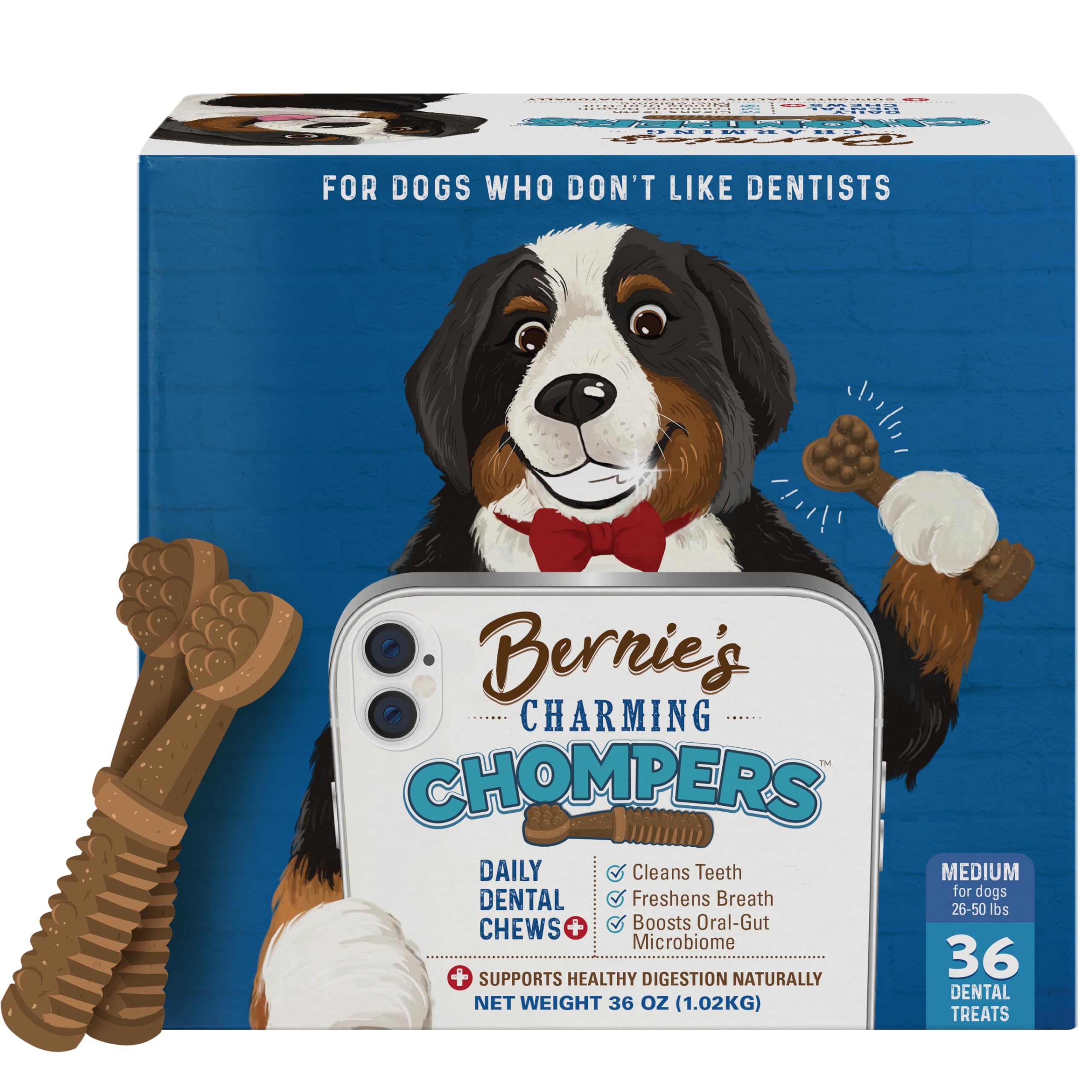 Bernie's Charming Chompers - Daily Dental Chews for Dogs 26-50 Lbs. - 36 Count - Cleans Teeth, Freshens Breath, + Boosts Oral-Gut Microbiome. Easy to Digest, Supports Healthy Digestion Naturally