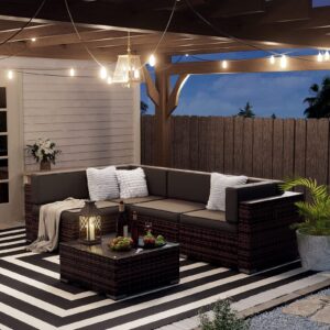 UDPATIO Patio Furniture Sets, Modular Rattan Outdoor Patio Sectional Furniture Sofa Set, Wicker Patio Conversation Set for Backyard, Deck w/Glass Coffee Table, 5PC Brown/Grey (Include Sofa Cover)