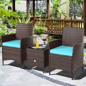 toolsempire 3 pieces patio furniture set, wicker outdoor furniture with water-resistant cushion & tempered glass top table, conversation set bistro set for porch, balcony, backyard (turquoise)