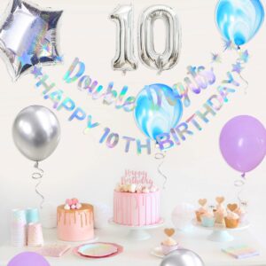 Iridescent Double Digits Happy 10th Birthday Banner Garland Foil Balloon 10 for Girls Boys 10th Birthday Decorations Hanging 10 and Fabulous Cheers to 10 Years Old Ten Birthday Party Supplies Backdrop