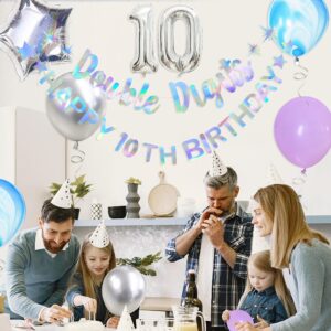 Iridescent Double Digits Happy 10th Birthday Banner Garland Foil Balloon 10 for Girls Boys 10th Birthday Decorations Hanging 10 and Fabulous Cheers to 10 Years Old Ten Birthday Party Supplies Backdrop