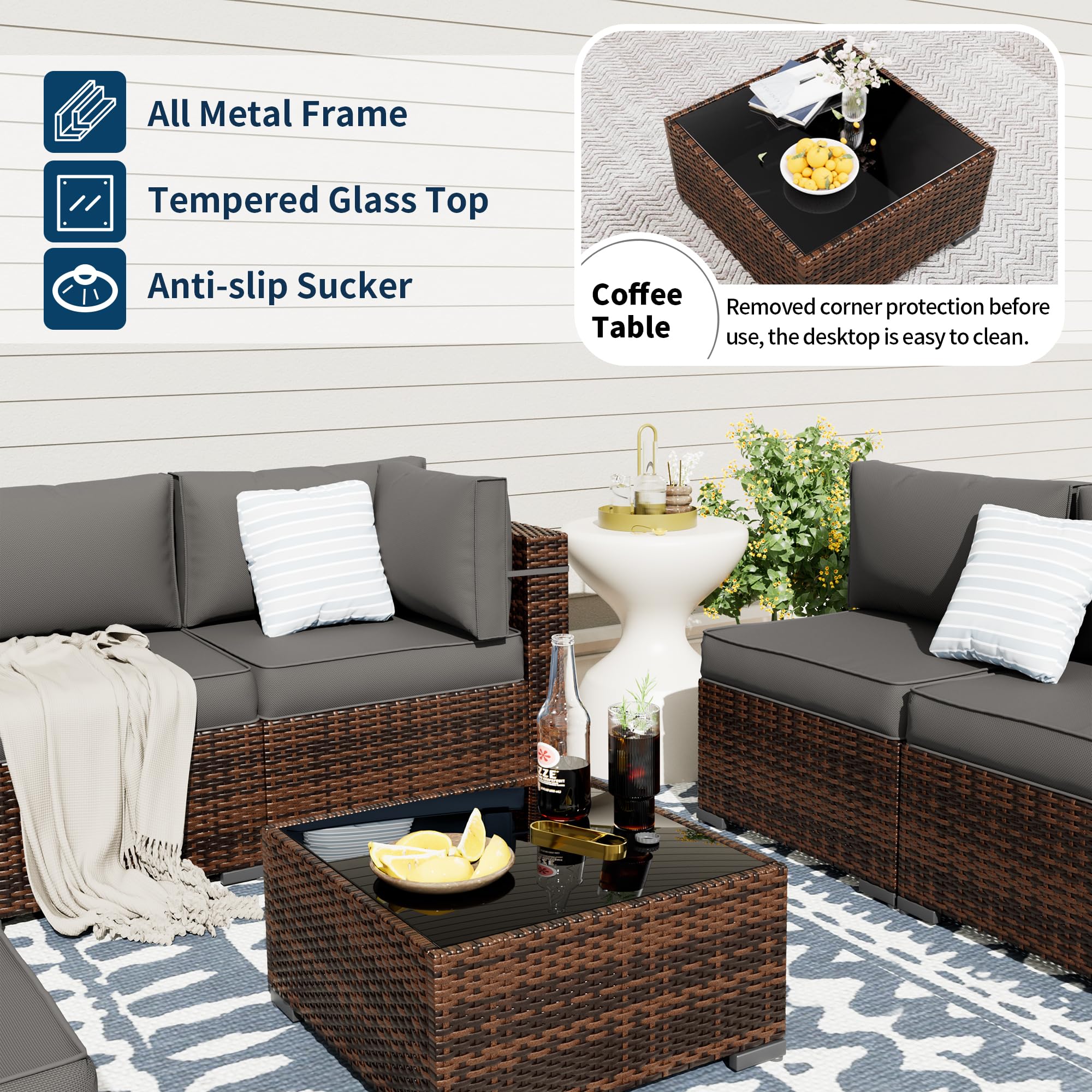 UDPATIO Patio Furniture Sets, Modular Rattan Outdoor Patio Sectional Furniture Sofa Set, Wicker Patio Conversation Set for Backyard, Deck w/Glass Coffee Table, 5PC Brown/Grey (Include Sofa Cover)