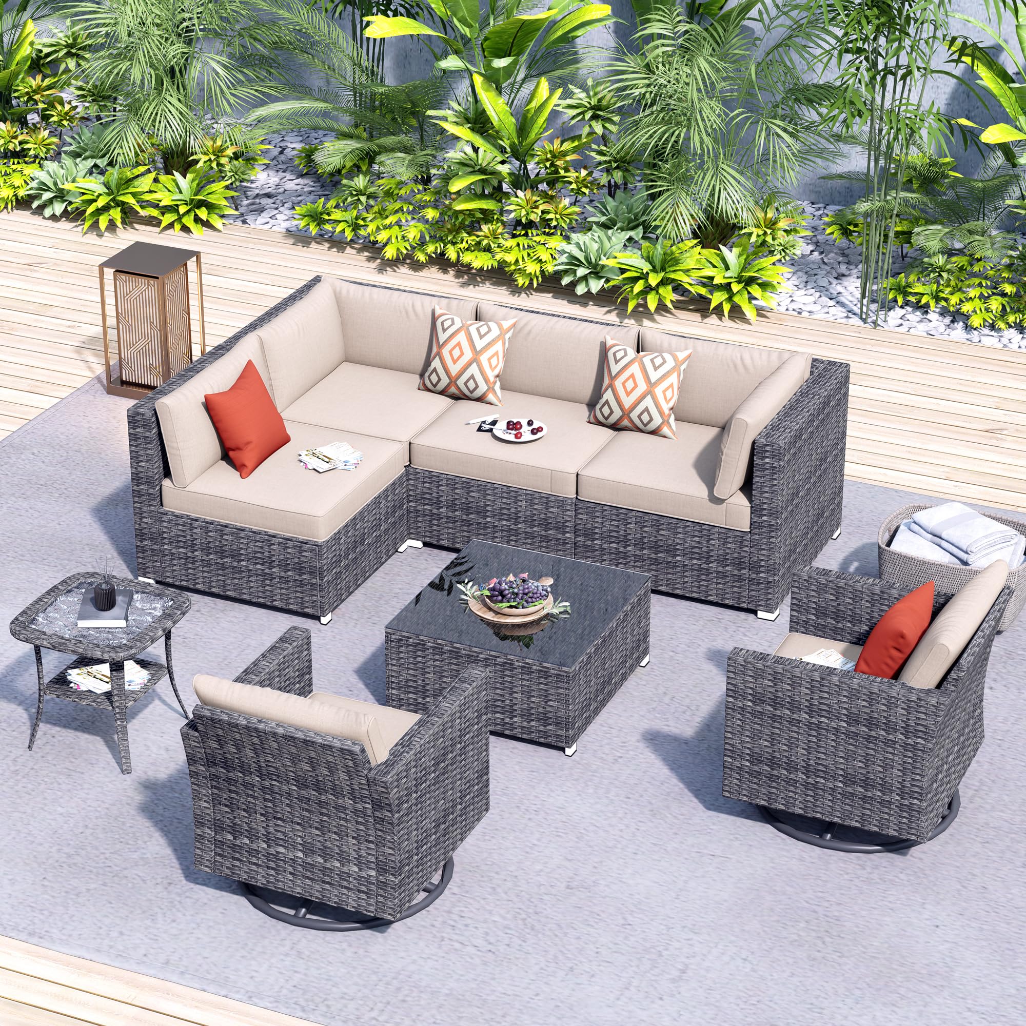 HOOOWOOO Patio Outdoor Furniture Sectional Couch Set,8 Piece Wicker Weather Resistant Conversation Set,Modern Corner Modular L Shaped Sofa Set with Table Swivel Chairs for Yard(Beige Tan)