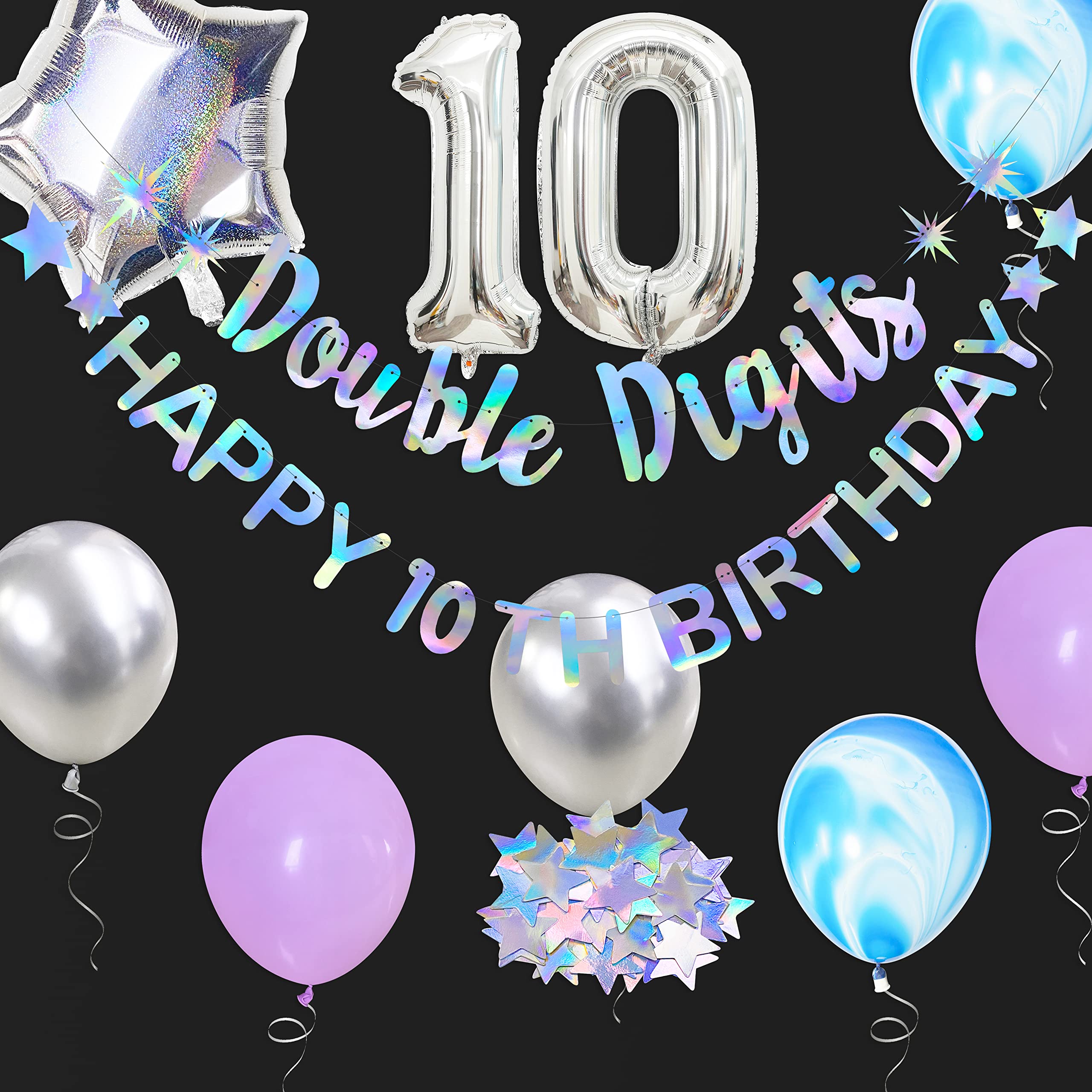 Iridescent Double Digits Happy 10th Birthday Banner Garland Foil Balloon 10 for Girls Boys 10th Birthday Decorations Hanging 10 and Fabulous Cheers to 10 Years Old Ten Birthday Party Supplies Backdrop