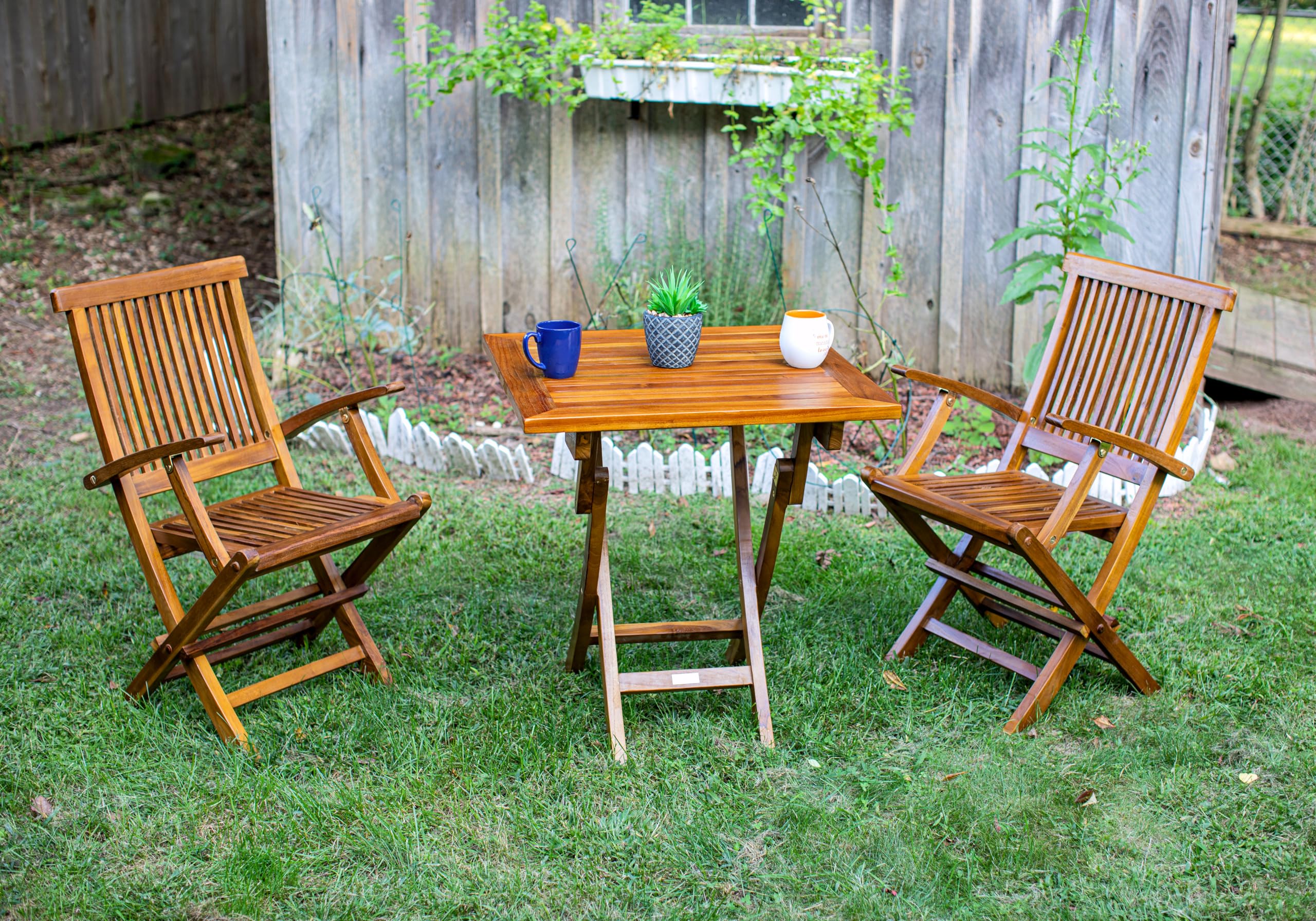 TeakCraft Teak Folding Arm Chair - 2 Piece Foldable Chairs Set - Fully Assembled - Solid Wooden Outdoor, Indoor- Wood Dining Room, Kitchen, Patio, Bistro Chairs, The Mille