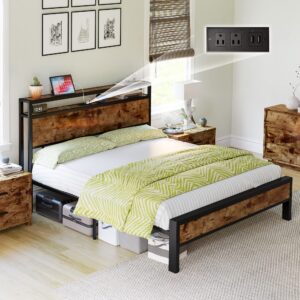 luxoak queen size bed frame, platform bed frame with 2-tier storage headboard and charging station/no box spring needed/noise free/industrial/rustic brown