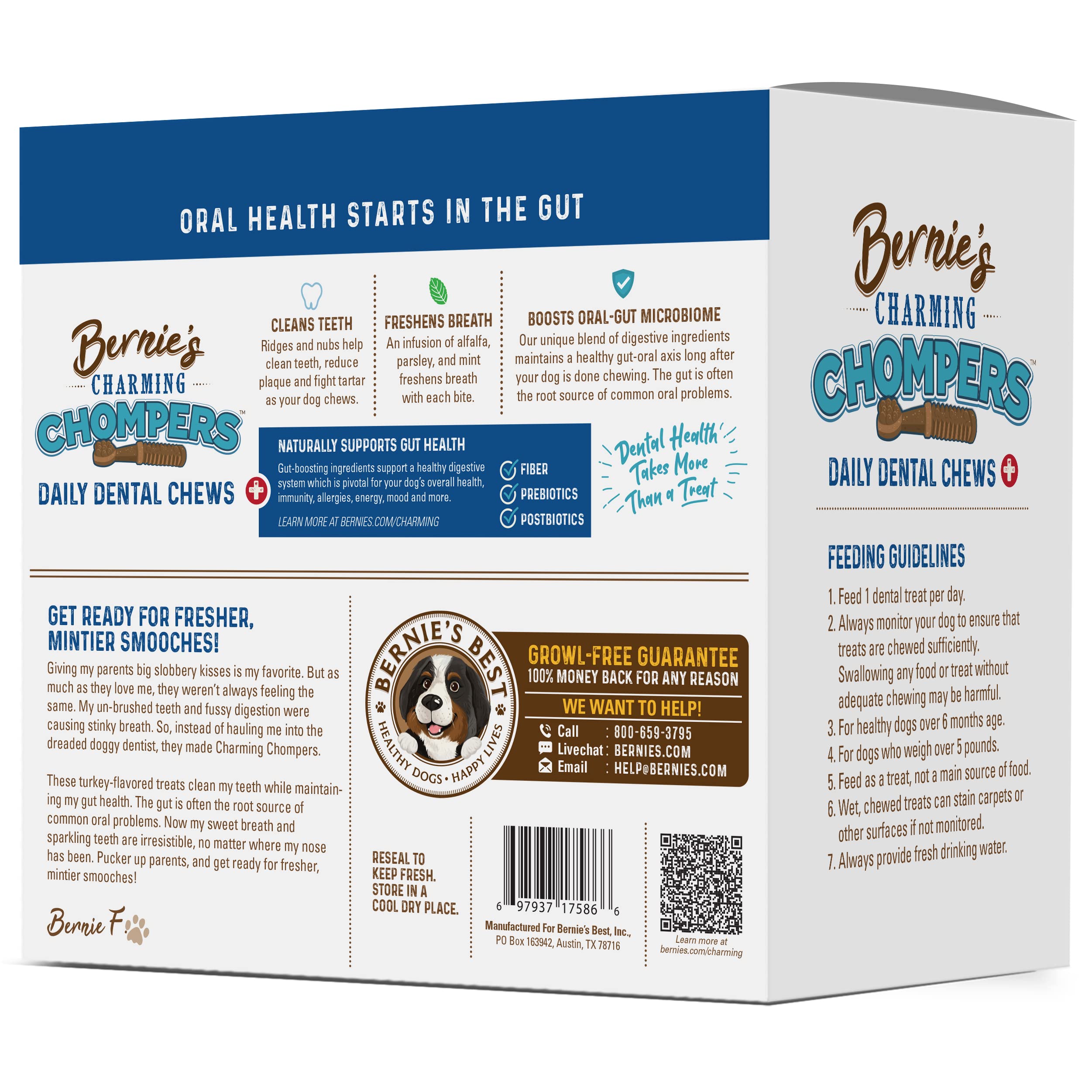 Bernie's Charming Chompers - Daily Dental Chews for Dogs 26-50 Lbs. - 36 Count - Cleans Teeth, Freshens Breath, + Boosts Oral-Gut Microbiome. Easy to Digest, Supports Healthy Digestion Naturally