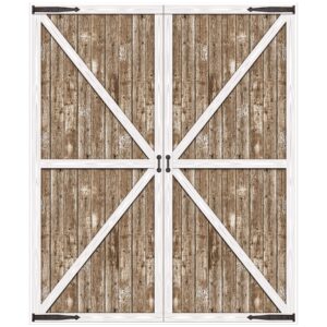 beistle 6' x 5' rustic western barn door photography background farm theme photo shoot backdrop for birthday, baby showers, wedding day décor, brown/white/black