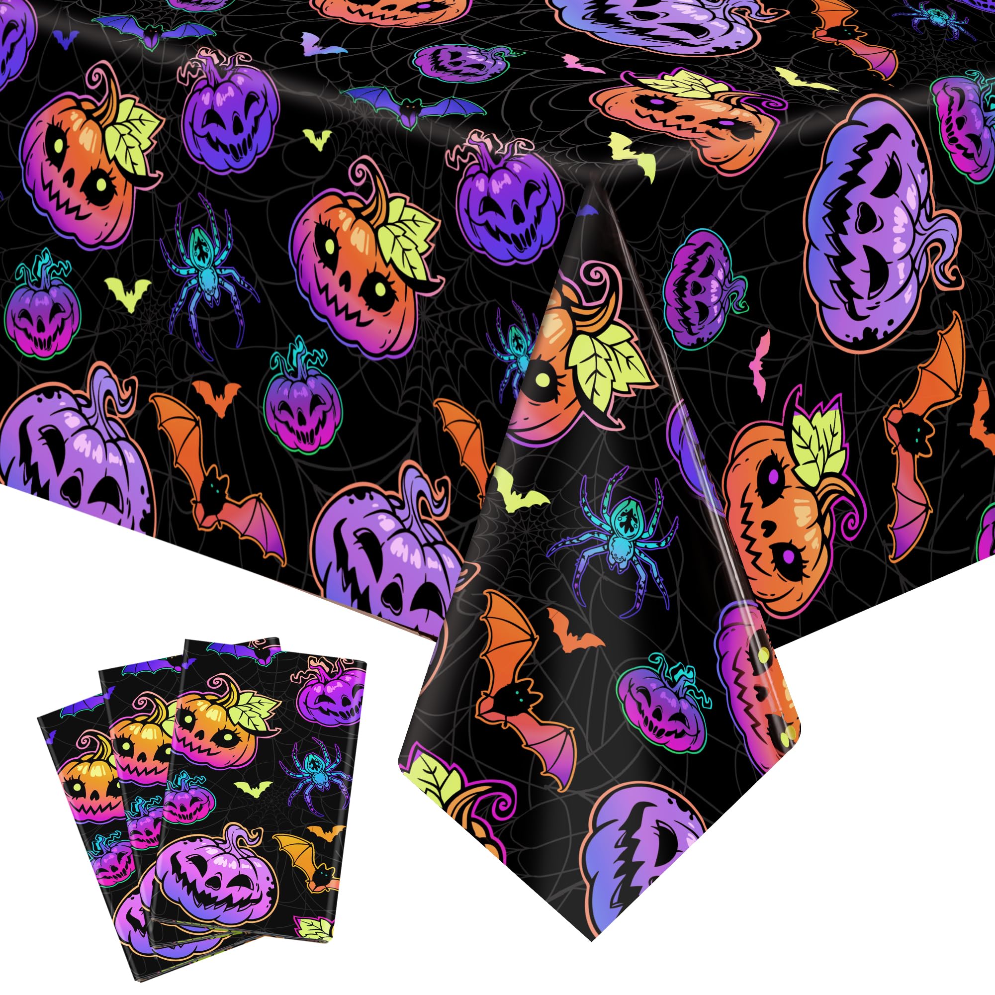 joycloth 3 Pack Halloween Tablecloths, 54 x 108 Inch Disposable Plastic Spiderweb Table Covers with Cute Pumpkin Bat Happy Halloween Party Supplies for Kids Halloween Party