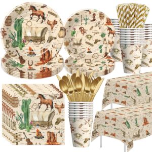 hipvvild western cowboy party decorations tableware for birthday & baby shower - wild west party supplies, plate, cup, napkin, tablecloth, cutlery, straw, rodeo party decorations dinnerware | serve 24