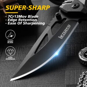 IKORES Pocket knife, 3.5 inch Folding Pocket Knife with Steel Handle, Folding Knife with Clip for Camping, Hunting and Hiking Great Gift for Men and Women