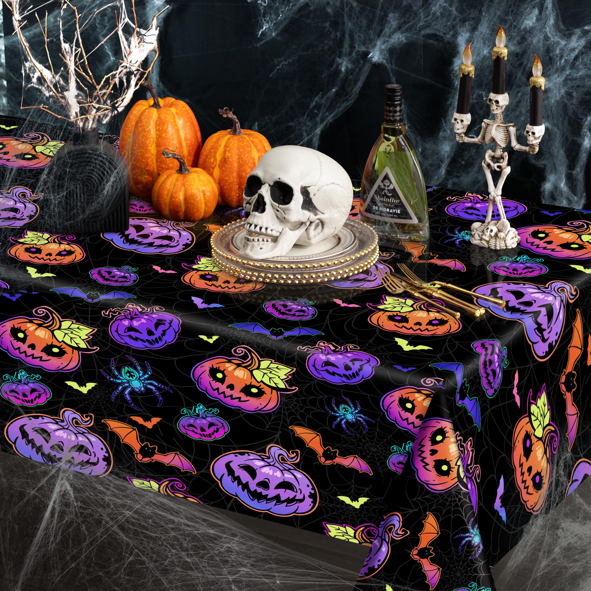 joycloth 3 Pack Halloween Tablecloths, 54 x 108 Inch Disposable Plastic Spiderweb Table Covers with Cute Pumpkin Bat Happy Halloween Party Supplies for Kids Halloween Party