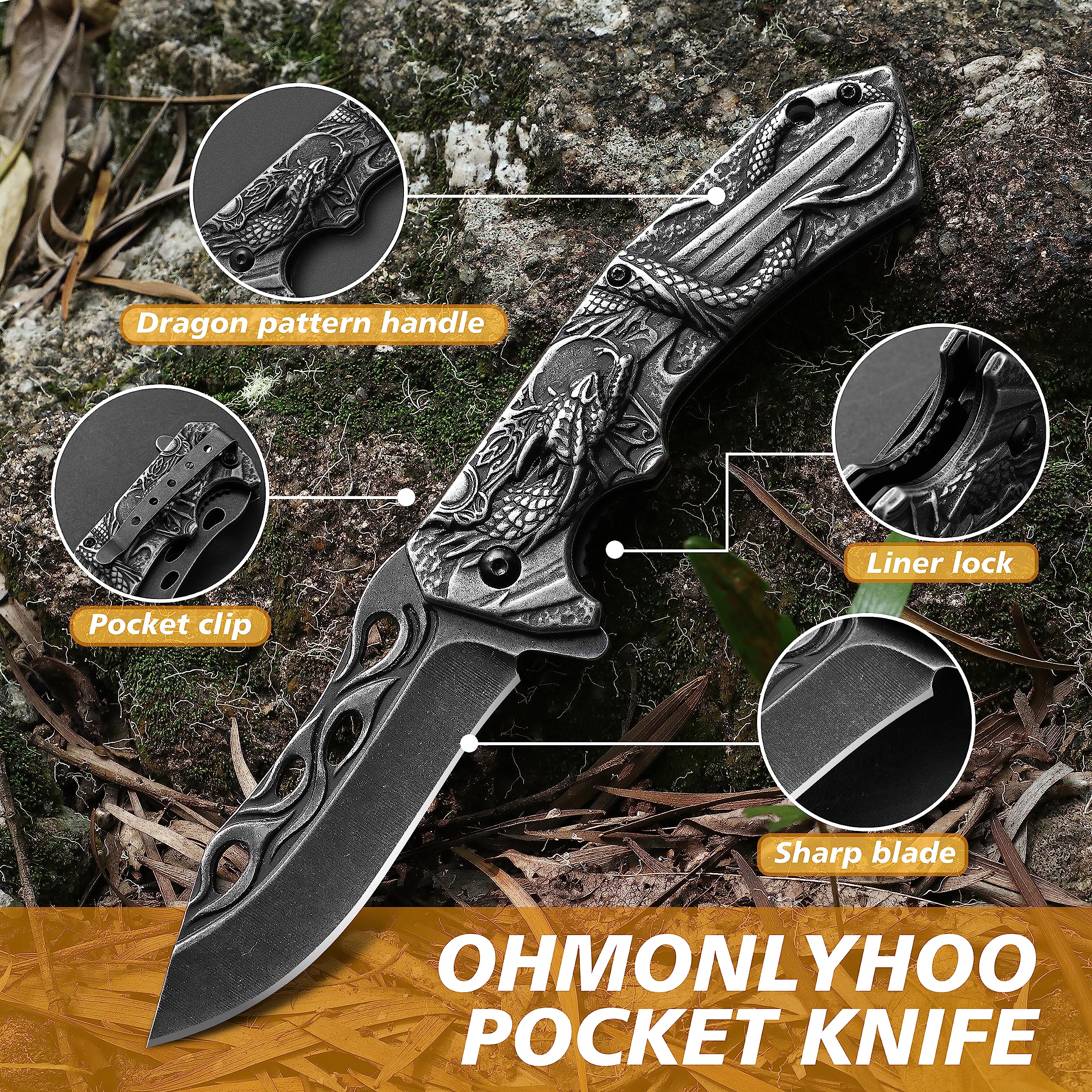 ohmonlyhoo Pocket Knife,3.5 inch Folding Knife with Dragon Pattern Handle,EDC Knife with Pocket Clip for Men and Women