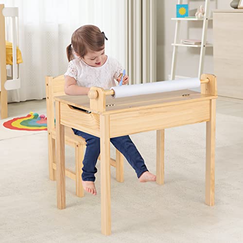 HONEY JOY Kids Activity Table Set with Paper Roll Holder and Pen Slot, 21" x 13.5" x 7", Natural 1