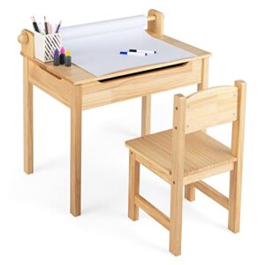 honey joy kids activity table set with paper roll holder and pen slot, 21" x 13.5" x 7", natural 1