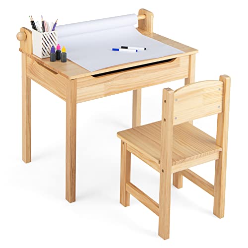 HONEY JOY Kids Activity Table Set with Paper Roll Holder and Pen Slot, 21" x 13.5" x 7", Natural 1