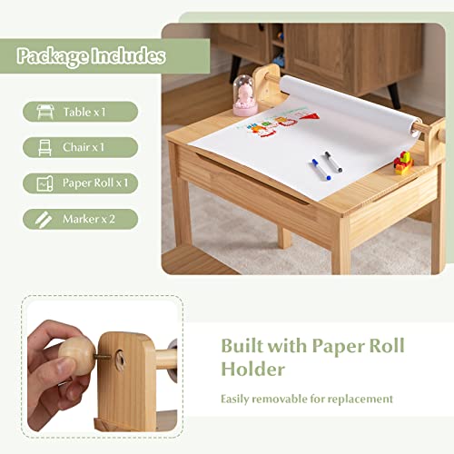 HONEY JOY Kids Activity Table Set with Paper Roll Holder and Pen Slot, 21" x 13.5" x 7", Natural 1