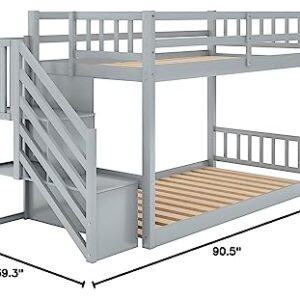 Eafurn Twin Over Twin Floor Bunk Beds with Stairs for Teens, Low Bunk Beds with Storage Staircase,Solid Wood Stairway Bunk Bed Frame for Kids Boys Girls, No Box Spring Required