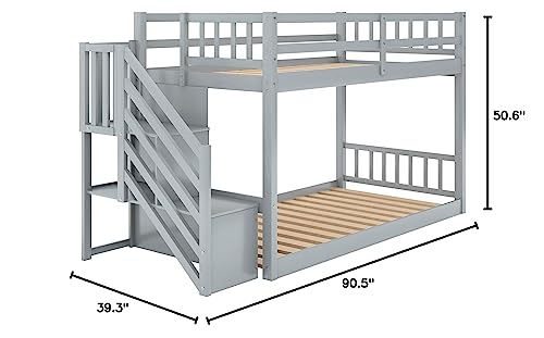 Eafurn Twin Over Twin Floor Bunk Beds with Stairs for Teens, Low Bunk Beds with Storage Staircase,Solid Wood Stairway Bunk Bed Frame for Kids Boys Girls, No Box Spring Required