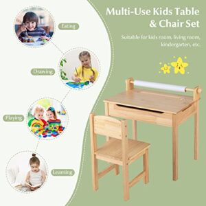 HONEY JOY Kids Activity Table Set with Paper Roll Holder and Pen Slot, 21" x 13.5" x 7", Natural 1