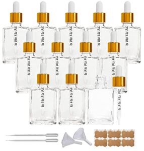 begiket 12 pack 1 oz clear square glass dropper bottle with measured eye dropper, 1oz 30ml square essential oils dropper bottle for perfumes, liquids, hair and body oils