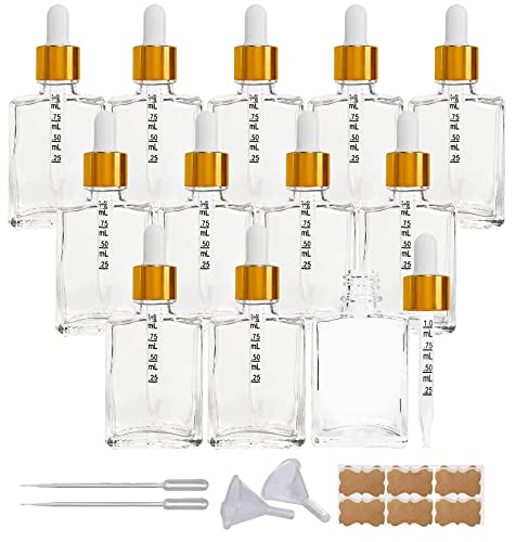 BEGIKET 12 Pack 1 oz Clear Square Glass Dropper Bottle with Measured Eye Dropper, 1oz 30ml Square Essential Oils Dropper Bottle for Perfumes, Liquids, Hair and Body Oils