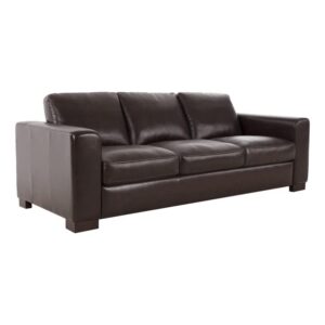 Naomi Home Freya Genuine Leather Sofa - Luxurious Comfort, Goose Feather Cushion Filling, Square Arm Design, Sturdy Block Legs, Elegant Espresso - Ideal for Living Room, Office, or Bedroom