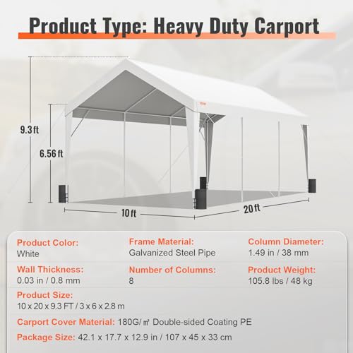 VEVOR Carport, 10x20 ft Heavy Duty Car Canopy Garage Boat Shelter Party Tent with 8 Reinforced Poles and 4 Weight Bags, UV Resistant Waterproof All-Season Tarp for SUV, F150, Car, Truck, Boat