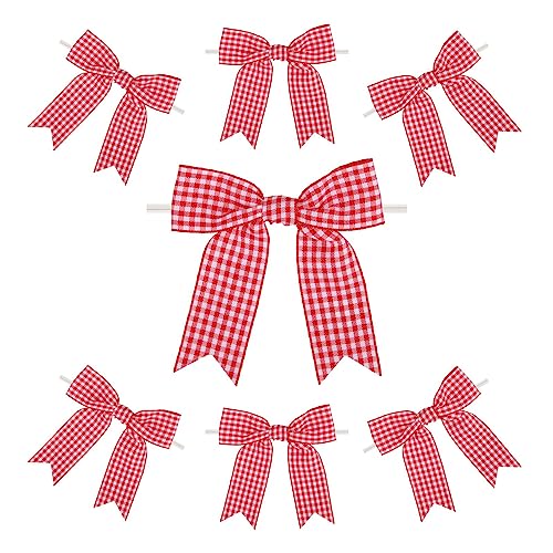 Meseey 30 Pcs 3.5 Inches Gingham Ribbon Bows with Twist Tie Red and White Buffalo Check Premade Craft Bows for Gift Wrapping Basket Wedding Baby Shower Brithday Party (RedW)