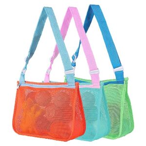 orga'neat mesh beach shell bag for kids sea shell collecting, sand & water falls through, fast dry mesh toy bag for girls boys picking up shells -3 pack