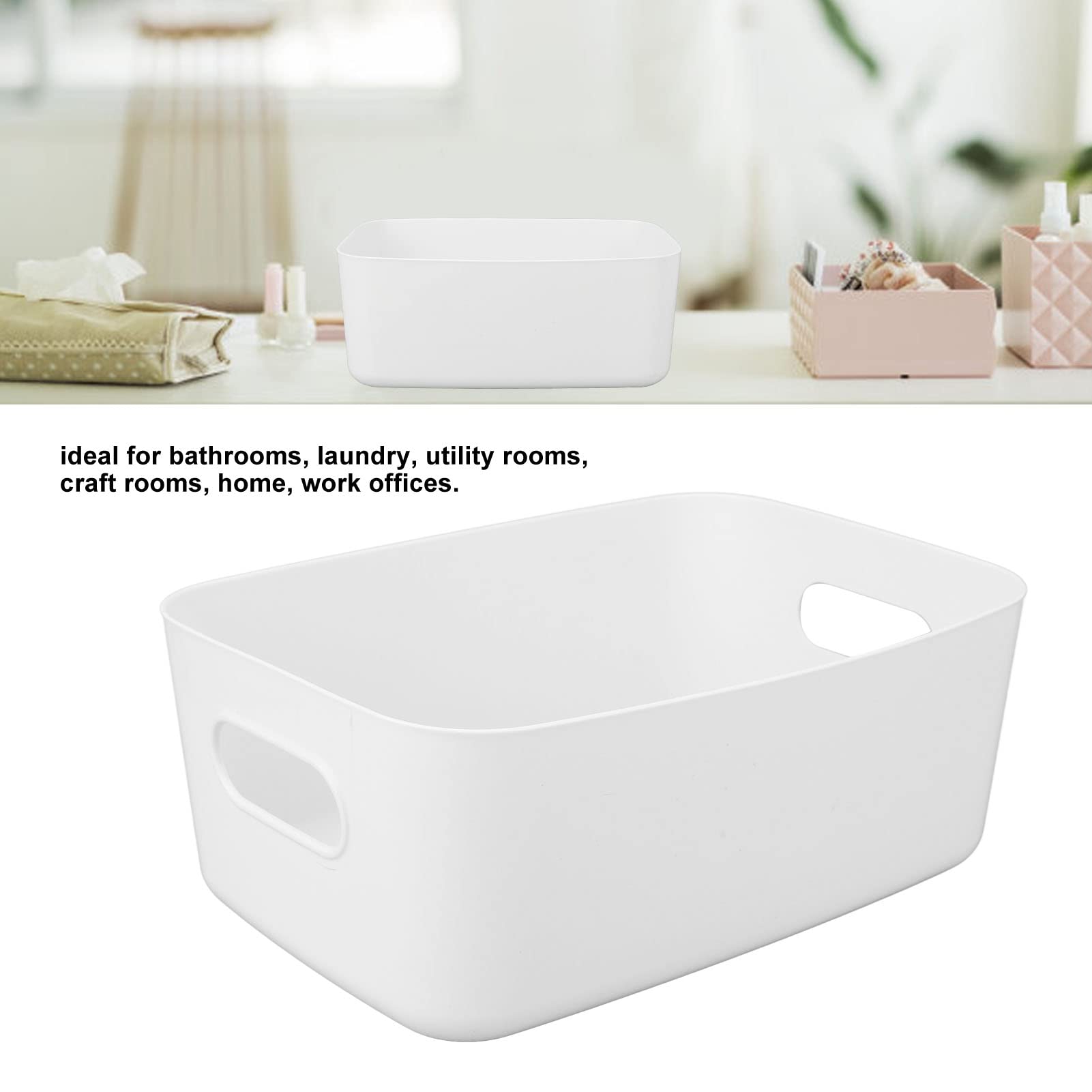 Plastic Basket, Large Capacity Multi Use Storage Basket Rectangular Cabinet Organizer with Handle for Home Office Organization and Storage White