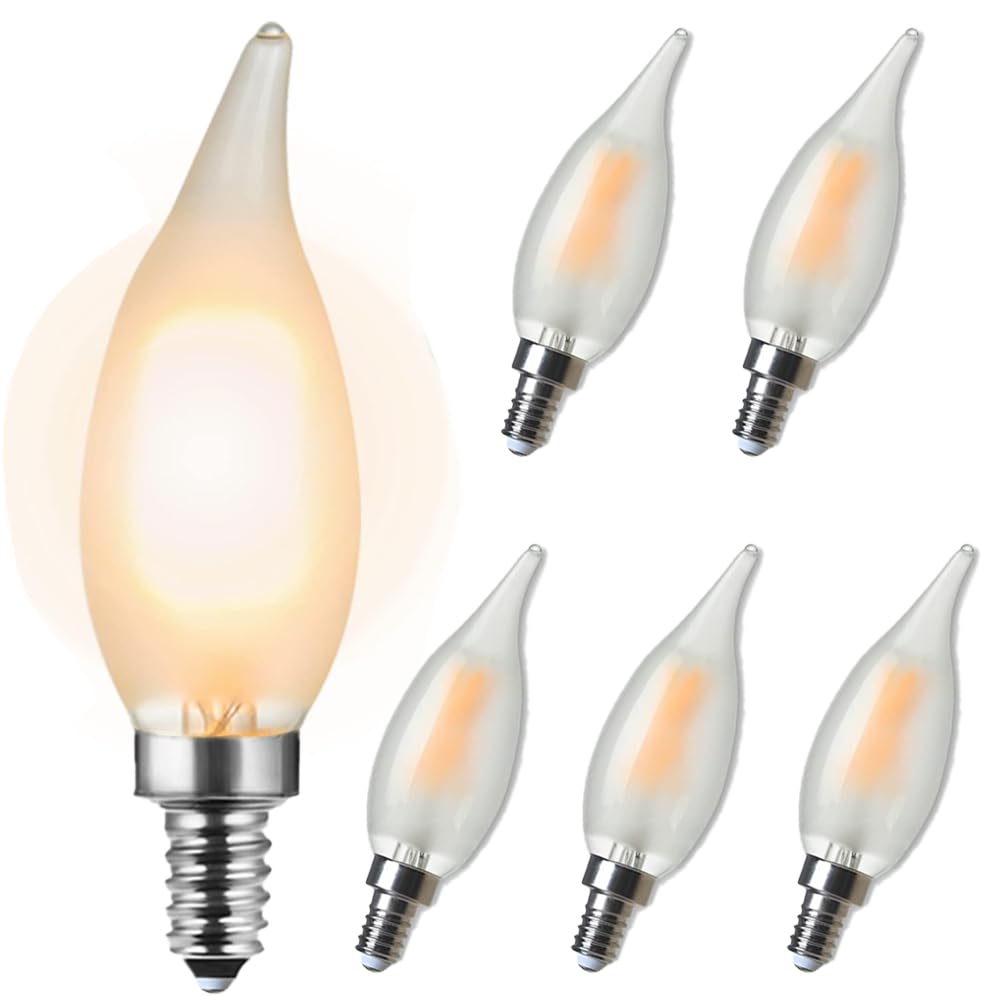 E12 LED Candelabra Bulb,4W Vintage Edison Style Light Bulbs, 40 Watt Equivalent,2700K Warm Soft White 400LM, Dimmable Candle Bulbs, C35 Frosted Glass Flame Shape Bent Tip（6pack）