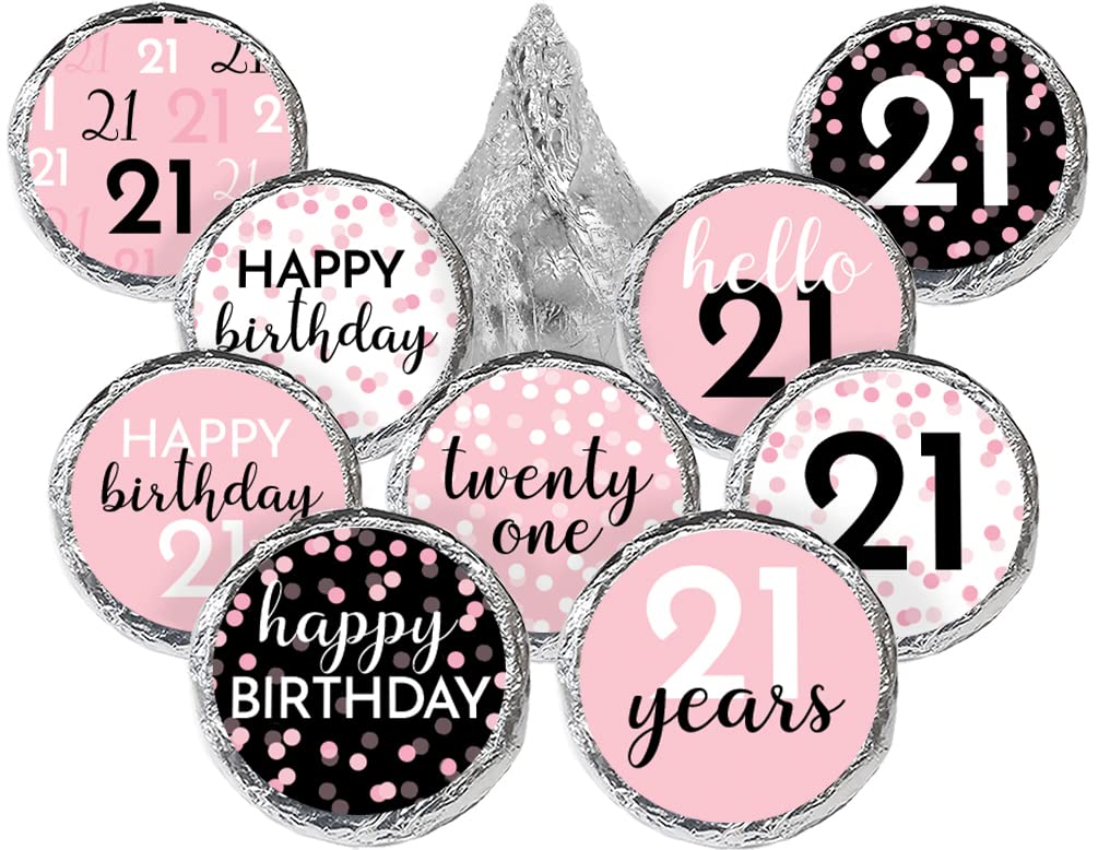 Pink, Black, and White 21st Birthday Party Favor Chocolate Kisses Candy Stickers -180 Count