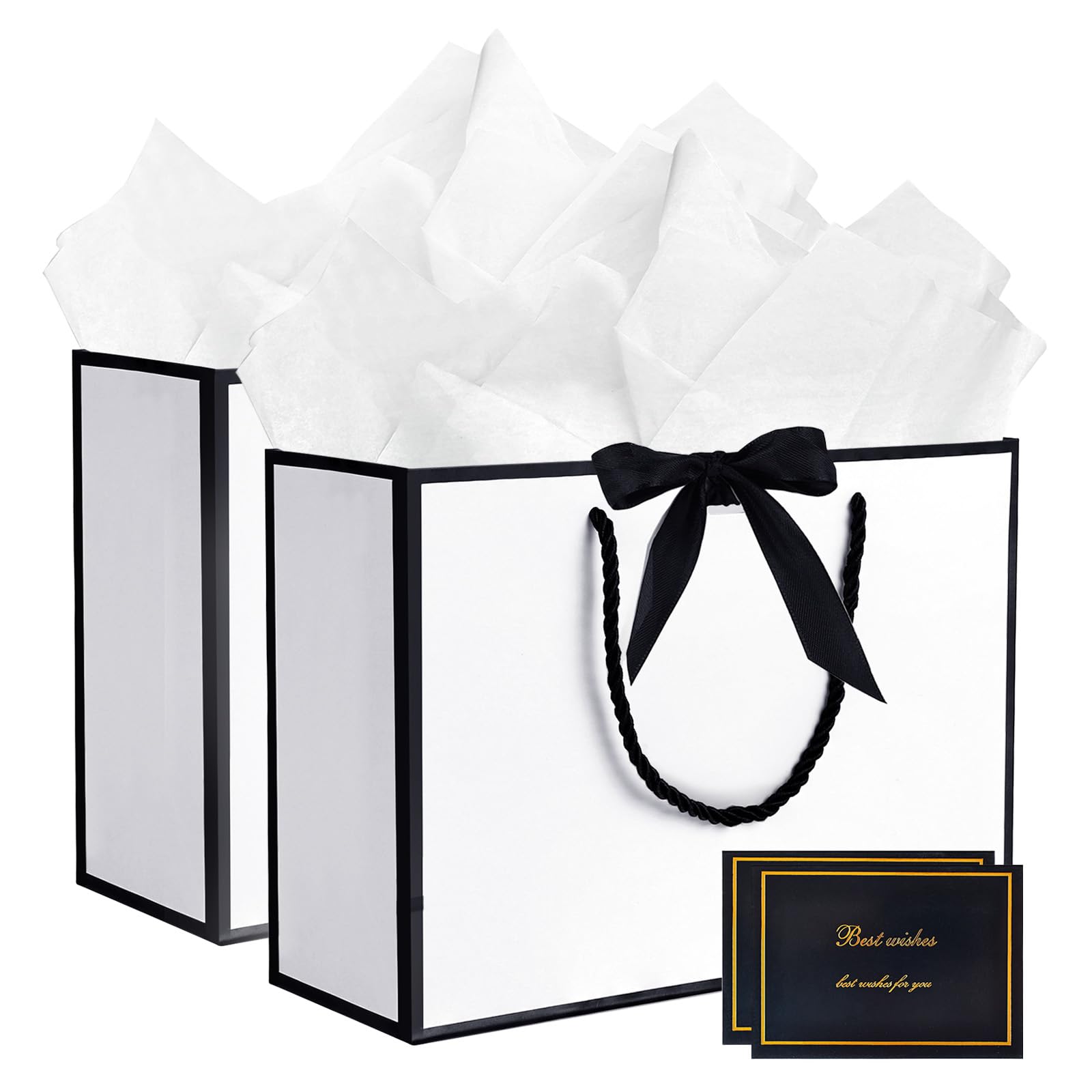 JMANNI Gift Bags, Medium Gift Bags with Tissue Paper, 2Pcs Gift Bags Medium Size with Handle and Bow Ribbon for Any Birthday, Weddings, Mothers Day & Special Occasion 11''x7.87''x4'' (Black-White)