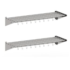 RIEDHOFF 2 Pack Metal Kitchen Rack for Storage and Organization, [NSF Certified] 12" x 36" Stainless Steel Wall mount Shelf with 10 S Hooks for Hanging Pots, Pans, Cookware in Home and Restaurant