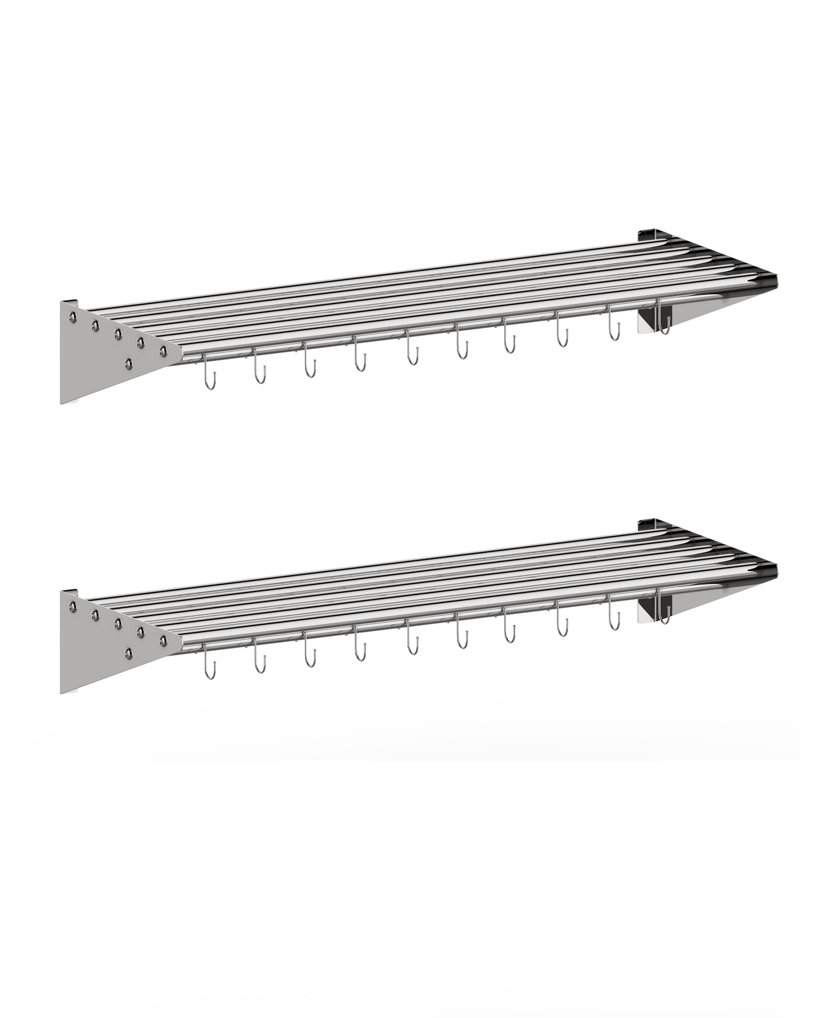 RIEDHOFF 2 Pack Metal Kitchen Rack for Storage and Organization, [NSF Certified] 12" x 36" Stainless Steel Wall mount Shelf with 10 S Hooks for Hanging Pots, Pans, Cookware in Home and Restaurant