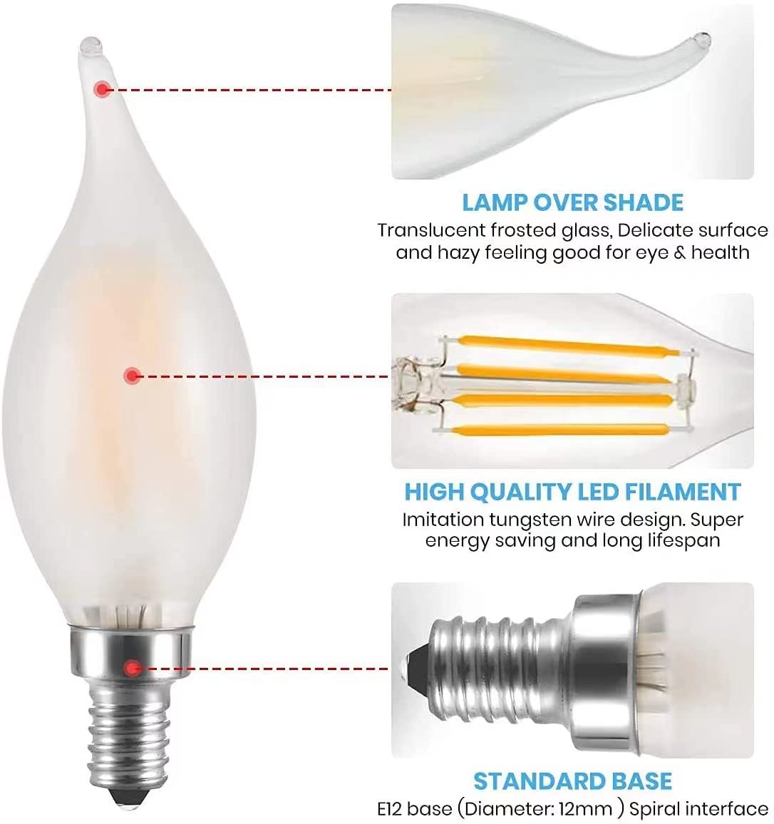 E12 LED Candelabra Bulb,4W Vintage Edison Style Light Bulbs, 40 Watt Equivalent,2700K Warm Soft White 400LM, Dimmable Candle Bulbs, C35 Frosted Glass Flame Shape Bent Tip（6pack）