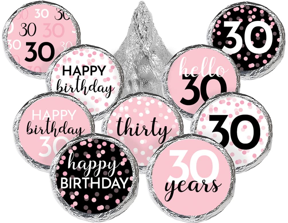 Pink, Black, and White 30th Birthday Party Favor Chocolate Kisses Candy Stickers -180 Count