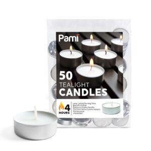 pami premium long-lasting with 4 hours burning time tealight candles [50-pack] - unscented tea candles - paraffin tealights with beautiful flame- round candles perfect for votive candle holders