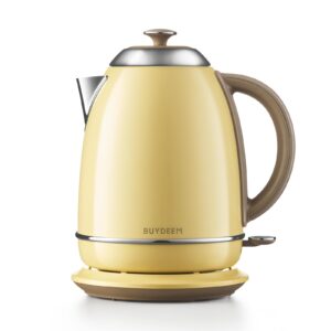 buydeem k640 stainless steel electric tea kettle with auto shut-off and boil dry protection, 1.7 liter cordless hot water boiler with swivel base, 1440w, mellow yellow