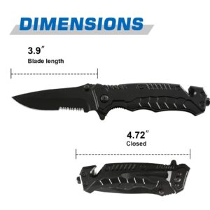 AHOBOLO Tactical Folding Pocket Knife, Small EDC Knife with Pocket Clip for Men Women, Folding Pocket Knife with Liner Lock,Glass Breaker,Seatbelt Cutter (Black)